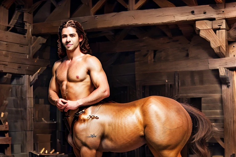 A cute male centaur, dashing hair and smile, bare chest