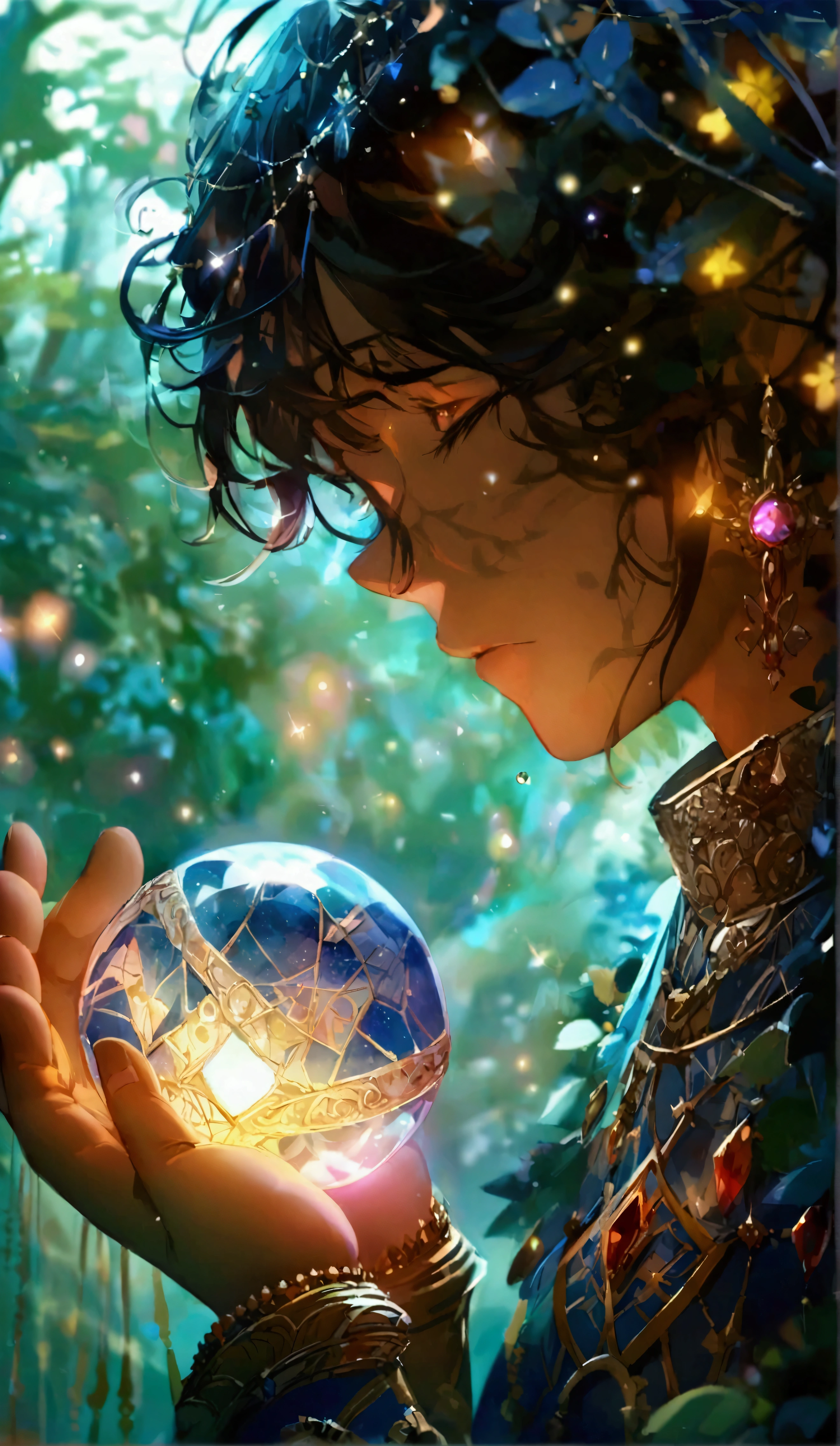 A high-definition anime-style illustration of a person holding a magical glowing orb, similar to a crystal ball, in their hands. The orb emits a soft, radiant light, with sparkling particles floating around it. The background is an enchanted forest with soft lighting filtering through the trees. The person's hands are detailed, and their clothing is intricately designed with patterns resembling ancient runes or magical symbols. The scene is peaceful and mystical, capturing the essence of magic and wonder