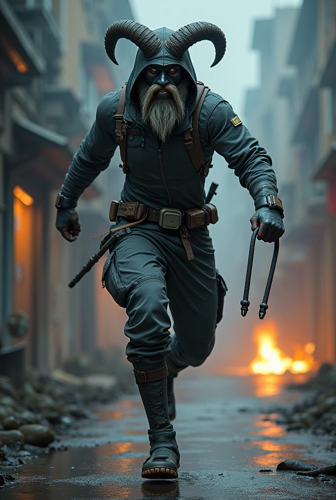 Man wear domino mask grey spandex latex cargo jumpsuit. Hero. Good guys. Skinny body. Background city. Bombing background. Very epic kicking wall one leg . Jumping pose . Fighting pose. Muay Thai posing. Wear goat helmet. Long beard . Big teeth. Grass everywhere. Bombing background. Night scene. Very epic. Marvel. Wear cargo pant. Loose pant. Wear bullet proof jacket. Hand holding the nunchaku