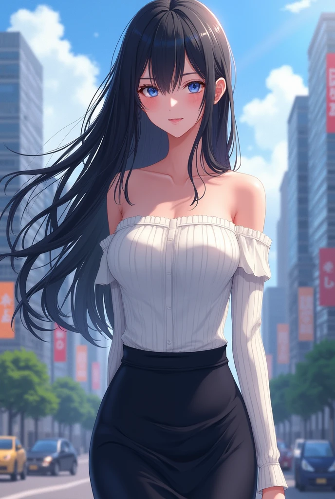 1girl, long black hair, blue eyes, wearing white off-shoulder sweater, satin black pencil skirt, perfectly structured, Digital illustration, style of anime, The content is very detailed, The image is clear and sharp, (Exquisite, sublimation:1.2), Indescribably beautiful, city, absurdres, high resolution, ultrasharp, 8K, masterpiece, looking at viewer