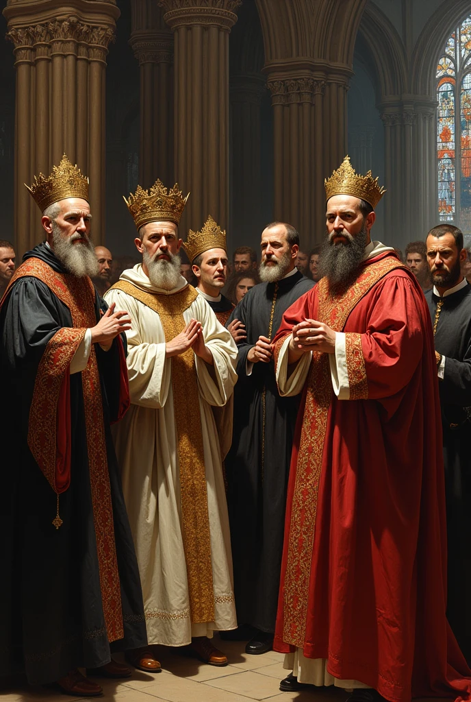 An oil painting of catholic church priests against the annulment of marriage of King Henry and queen catherine from The Tudors