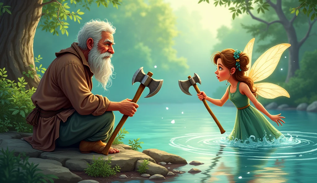 Poor old woodcutter sit on the bank of river and fary go in to water She dived into the river and brought up a three axes silver axe,golden axe,and simple axe from river and give the man cartoon 