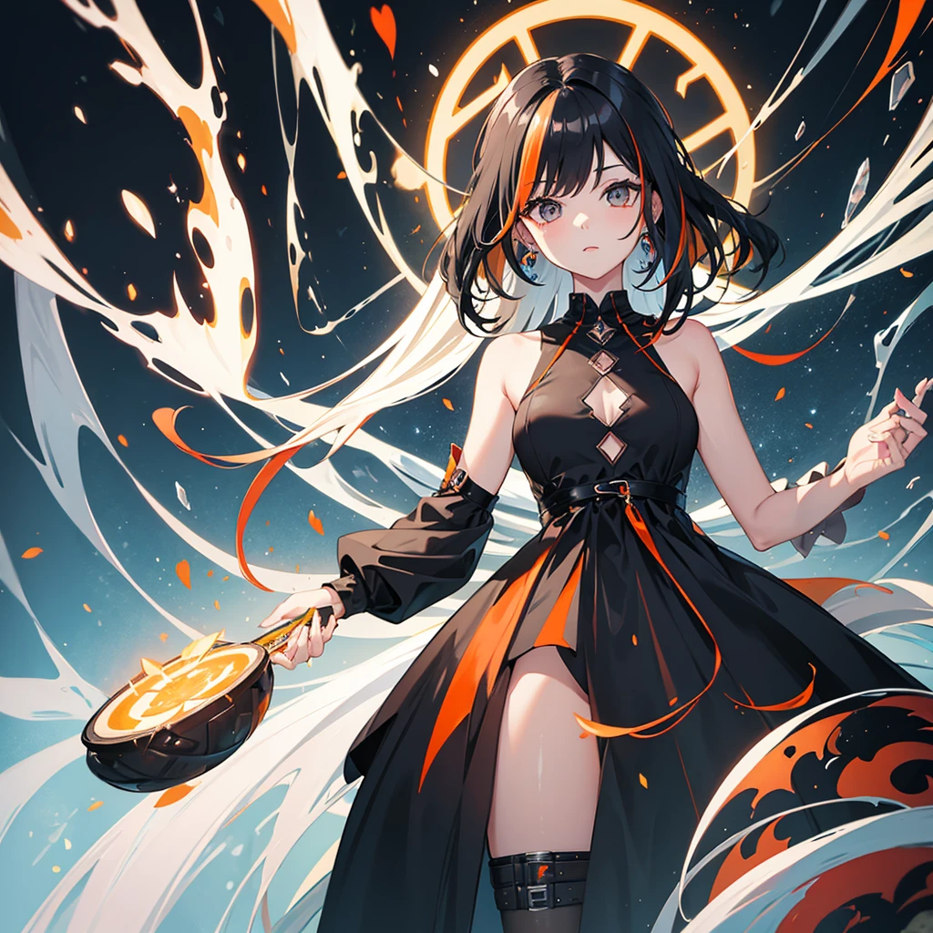 woman,Orange-black hair,rainbow eyes,black dress,Apocalypse style outfit
