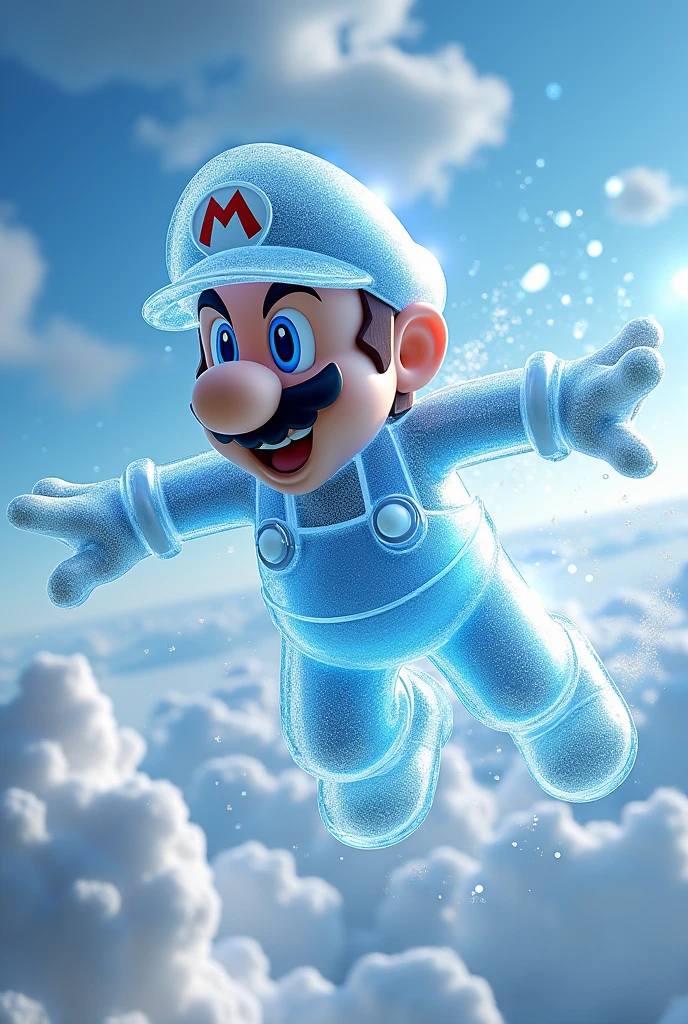 Video game Mario made of  ice, flying like Superman 
