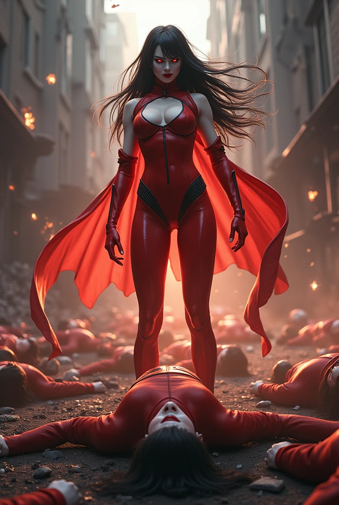 Japanese dark haired female supervillain with fire powers and a red and white skintight costume is standing triumphantly over the body of a costumed hero. An evil smirk crosses her black lips. Evil wins, lots of dead bodies and destruction.