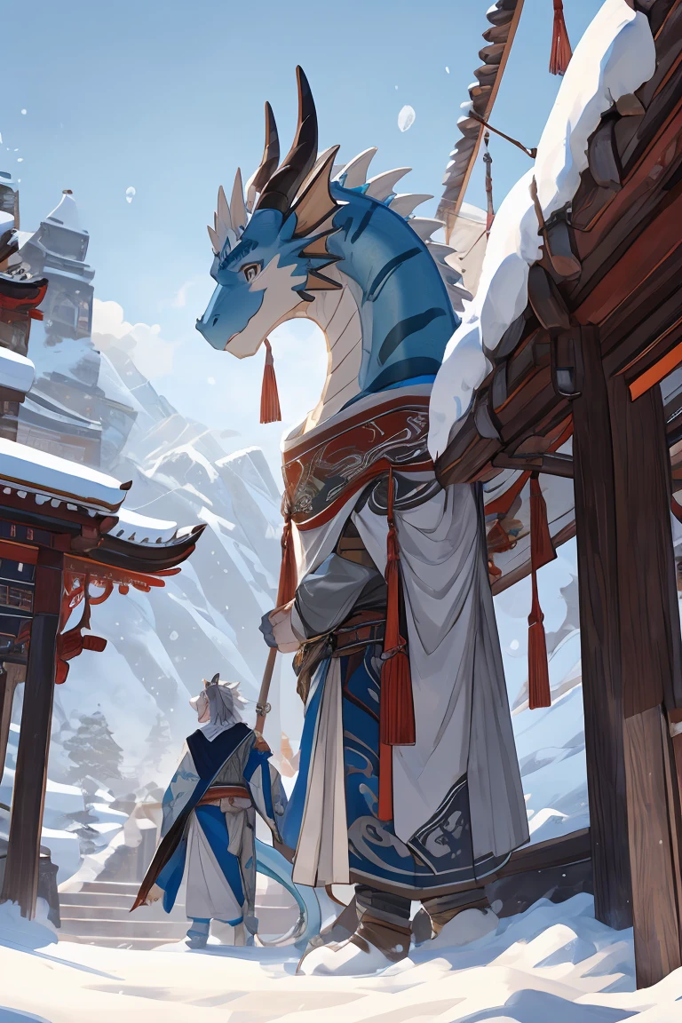 best quality，Ultra HD，Second Dimension，Close perspective，The most exquisite eyes［The most exquisite eyes：2.1］，Standing in the snow next to the pavilion in the snowy mountains，male，Black and White Dragon，White Hair，The tail is white.，Scaly skin on face and hands，There is a brown horn on the left side of the head，The right corner is only half，Gray Eyes，White heavy ancient style Hanfu