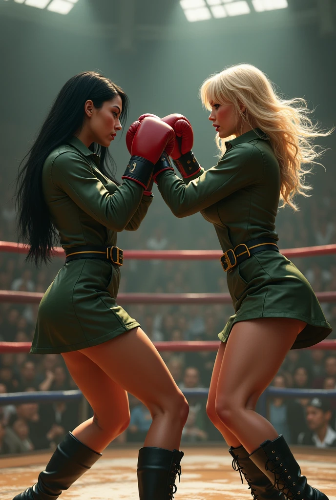 An intense boxing match between two female soldiers. Girl 1: Denise Milani, Bodybuilder, voluptuous, Busty, curvy, biker babe with straight jet-black hair, thick thighs, muscular physique, huge breasts. Girl 2: Pamela Anderson, toned, muscular blonde with strong muscular arms. Both women are wearing an olive green leather a-line business skirt, tight long-sleeved olive green leather shirt, stockings and black leather stiletto-heeled combat boots. Both women hate each other have a aggressive expressions as they try to punch each other. The blonde is winning the fight.