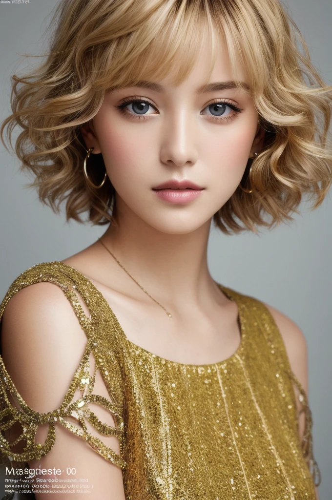 (masterpiece)photograph (130 ...:0.99), RAWphotograph1.5,Best Quality,woman, Close-up portrait, Perfect blonde hair, Short Haircut,Curly hair, Pause, (Magazine Cover, Dress up), expression,(I'm watching you,Sexy appeal),(Close-up portrait), 24mm, (tin type),, ((Plain background, Slope)), ((Detailed eyes)), (Zoom Burst:1.1), (壮大なphotograph)
