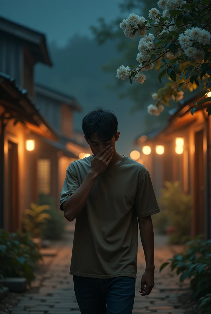 A young man in a brown shirt walks in the middle of the village at night, his house is made of wood and lit by dim round light bulbs., aimed at an empty house ,covering his nose because he smelled jasmine flowers with his hand