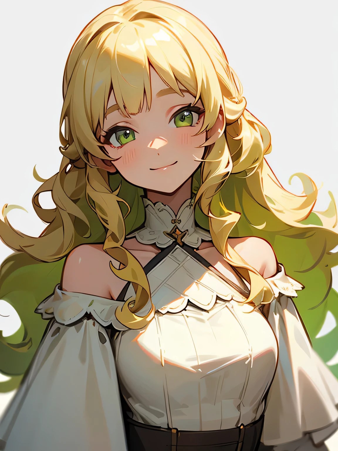 solo, upper body,2, blonde curly long hair, lime green eyes, Russian, pure smile, off shoulder,white givenchy, white simple background,
