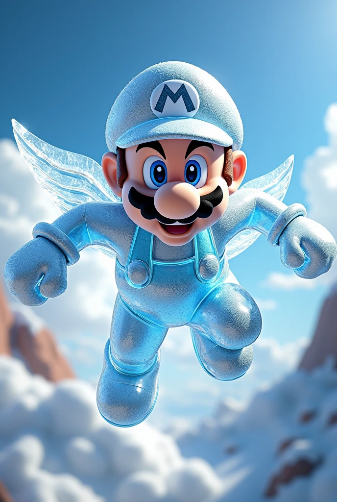 Video game Mario made of ice, flying like Superman