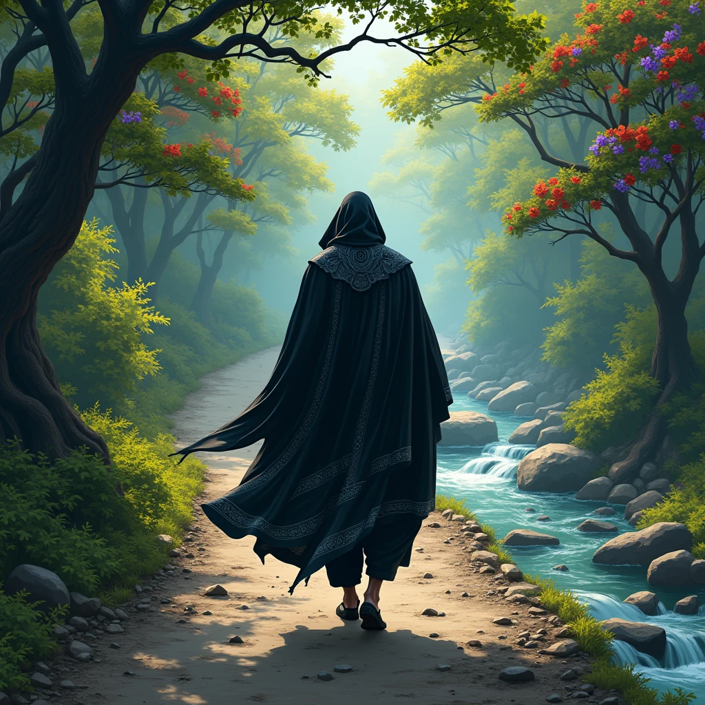 Here’s the revised instruction with the Cabuliwala’s cloak specified as black and white:

### 1. Central Figure: Cabuliwala
- **Positioning**: The Cabuliwala, wearing a cloak that is black with white accents, is positioned centrally but facing away from the viewer. His back is visible, and he is walking or standing on the narrow path.
- **Appearance**: His entire body is covered by a flowing cloak that is predominantly black with white details. The cloak should be depicted in rich textures to emphasize its significance. The fabric should drape naturally, revealing subtle folds and movement as he moves.
- **Details**: Ensure the cloak covers his form completely, with no visible skin or features. The black and white colors of the cloak should be depicted with contrast, and intricate patterns or designs in white can add depth and visual interest. 

### 2. Background Elements
#### A. Road
- **Description**: The road is a narrow path or street running from the foreground to the background. The surface should look rough and uneven, typical of an old or less-traveled path.
- **Texture and Detail**: Add gravel or small stones scattered along the road to give it a natural, rugged appearance.

#### B. Vegetation
- **Position**: On one side of the road, there are various-sized trees.
- **Types and Colors**: Include a mix of tree species to add diversity. Trees should have vibrant green leaves. Incorporate blooming flowers of different colors—reds, yellows, purples, and blues—around the trees and possibly on the ground, adding splashes of color and creating a lively atmosphere.

#### C. Stream
- **Location**: On the opposite side of the road from the trees, a clear stream flows.
- **Features**: The stream should have visible rocks of varying sizes both underwater and partially exposed. The water should be crystal clear, reflecting the colors of the surrounding environment.
- **Movement**: Show the gentle movement of the water over the rocks, perhaps with slight ripples or waves