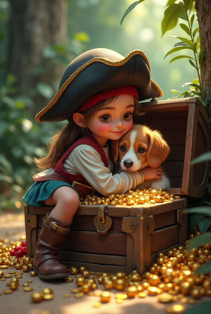 girl dressed as a pirate, dog in a treasure chest and girl hugging dog