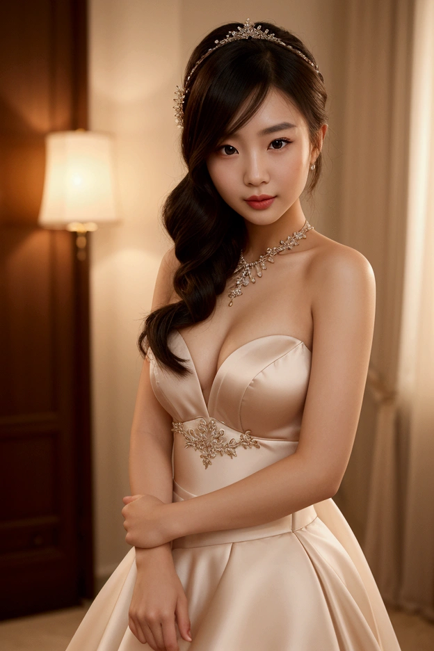 Create an image of a Chinese girl wearing a stunning and elegant dress. She should exude grace and sophistication, with her hair styled perfectly to complement the dress—either in smooth waves, an elegant updo, or a sleek style. Her eyes should be perfect, detailed, and expressive, reflecting her poise and charm.
The dress should be beautifully designed, featuring luxurious fabrics like silk or satin. It should have a flattering cut, such as a fitted bodice with a flowing skirt or a sleek, form-fitting silhouette. The dress may include intricate details like delicate embroidery, subtle embellishments, or elegant draping. The color scheme should be sophisticated, with rich, vibrant tones or soft pastels that enhance her natural beauty.
The setting should be refined and upscale, such as an elegant event space or a beautifully decorated room, to match the sophistication of her attire. The lighting should be warm and flattering, highlighting the textures and details of the dress and emphasizing her graceful presence.
Best image ever, photo-realistic, best quality, highest quality, 8k resolution, perfect image.