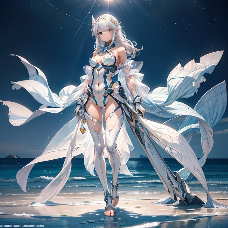 At dawn, gentle waves rise on the quiet beach, and a girl who reflects the soft pink and orange shades of the sun walks barefoot along the coastline. Beautiful girl, blueish silver hair, porcelain-like white skin, big and beautiful deep blue eyes, short height, small bulging , layered armored complex and artistic bodysuit, transparent weapons, ak Tib pose, facial expression Visible distance, dramatic camera angle, diamond dust, ice tree, cold world, effective use of LoRA
