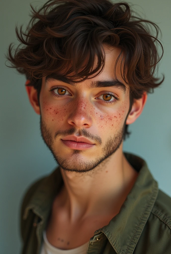 You can generate an image of a boy, high, with a somewhat muscular chest, a little belly, white in skin tone, Brown hair, messy and somewhat long style, a little short beard on the chin, freckles and dark amber eyes of about 20 / 21 years?