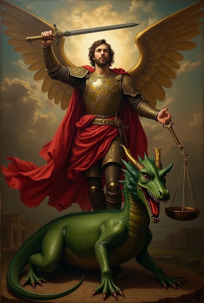 renaissance painting.
Archangel Michael dressed in red armor. With a sword in one hand and a scale in the other hand.
Subduing the big dragon, fierce and green.