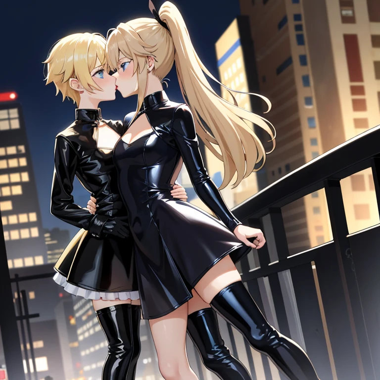 Best quality, expressive eyes, perfect face, One, blue eyes, short light ponytail, blonde, gin,  wearing a short black latex dress , shoes, genshin impact, totk, whole height, stands in the city,  younger sister, Barbara, blue eyes, two light tails, blonde, wearing latex dress, open legs, heels, kiss