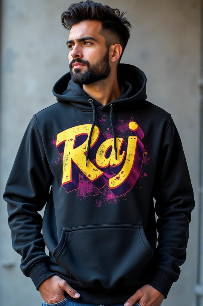 A cute hoodie for men RAJ printed on it