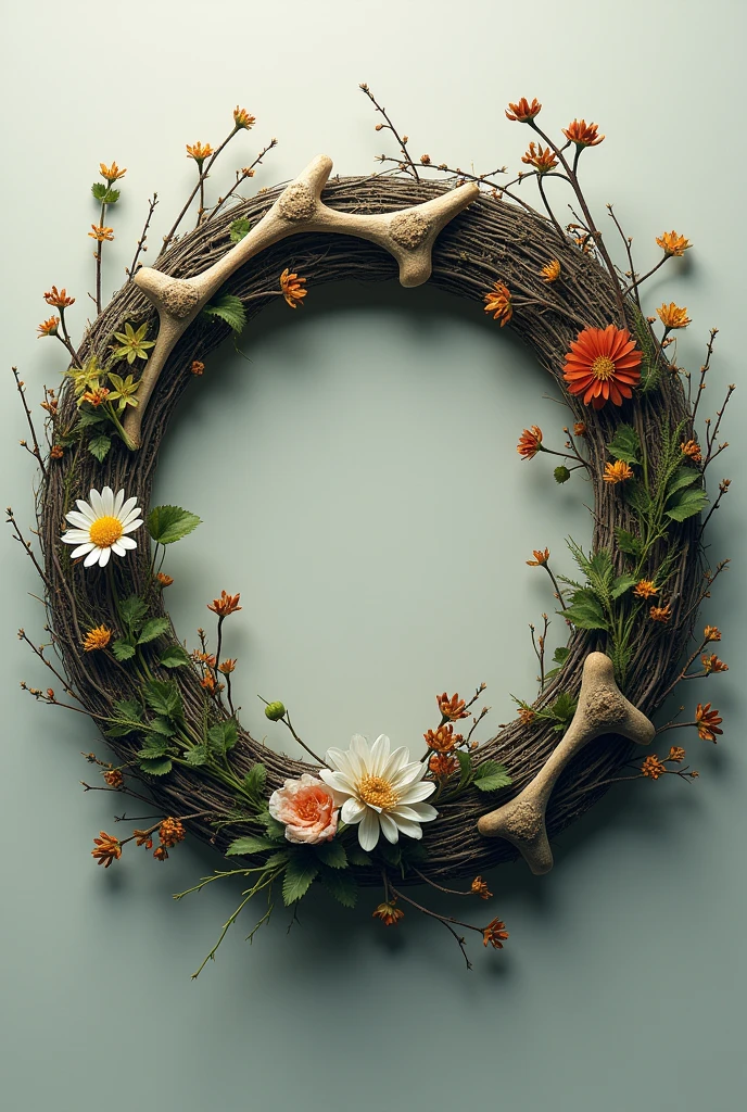 Ring composition,{The focus of the composition is on the outside of the ring:1.4},{There is a large blank space in the middle of the ring:1.4}，A small flower，Branches，Dead Branches，Wreath of bones。，The wreath reflects the four solar terms of spring, summer, autumn and winter。The ring reflects the cycle of seasons，As they change and wither，Decay&newborn。