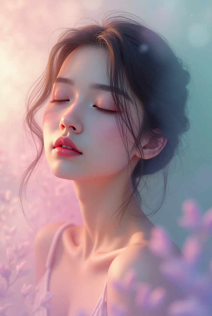 A realistic digital art of a woman closed her eyes with a candy color ambient 
