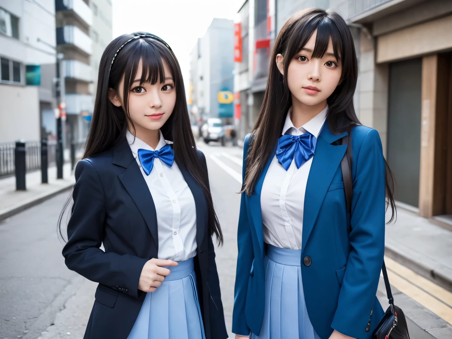 Wearing a blue jacket and bow tie、Oriental woman with long black hair, 、Half-up women, Real young gravure idol, Beautiful anime school girl, Chiho, Real life anime girls, sakimichan, seifuku, Young and cute gravure idol, Ishida Sui with black hair, With a cute - lovely - face, Japanese Model, Realistic young anime girl