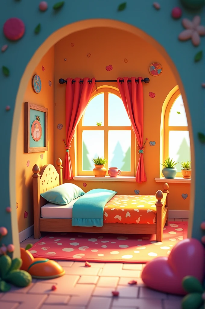 Bed inside a cartoon style building