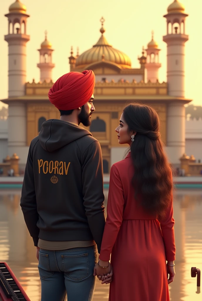 a20years punjabi boy sir pe lal coolar ki turban pero me jute black coolar ke or  hoodie pehan ke rakhi ho or hoodie pe  name likha ho poorav  ek pass me punjabi girl khadi ho hath pakad kr amritsar gurdawrabackgruand kbord pe name likha ho ,poorav and  or The name of two people is written in the back of the Bod.in poorav and simran, me bethe ho dono girl and boy  wattar pump 
