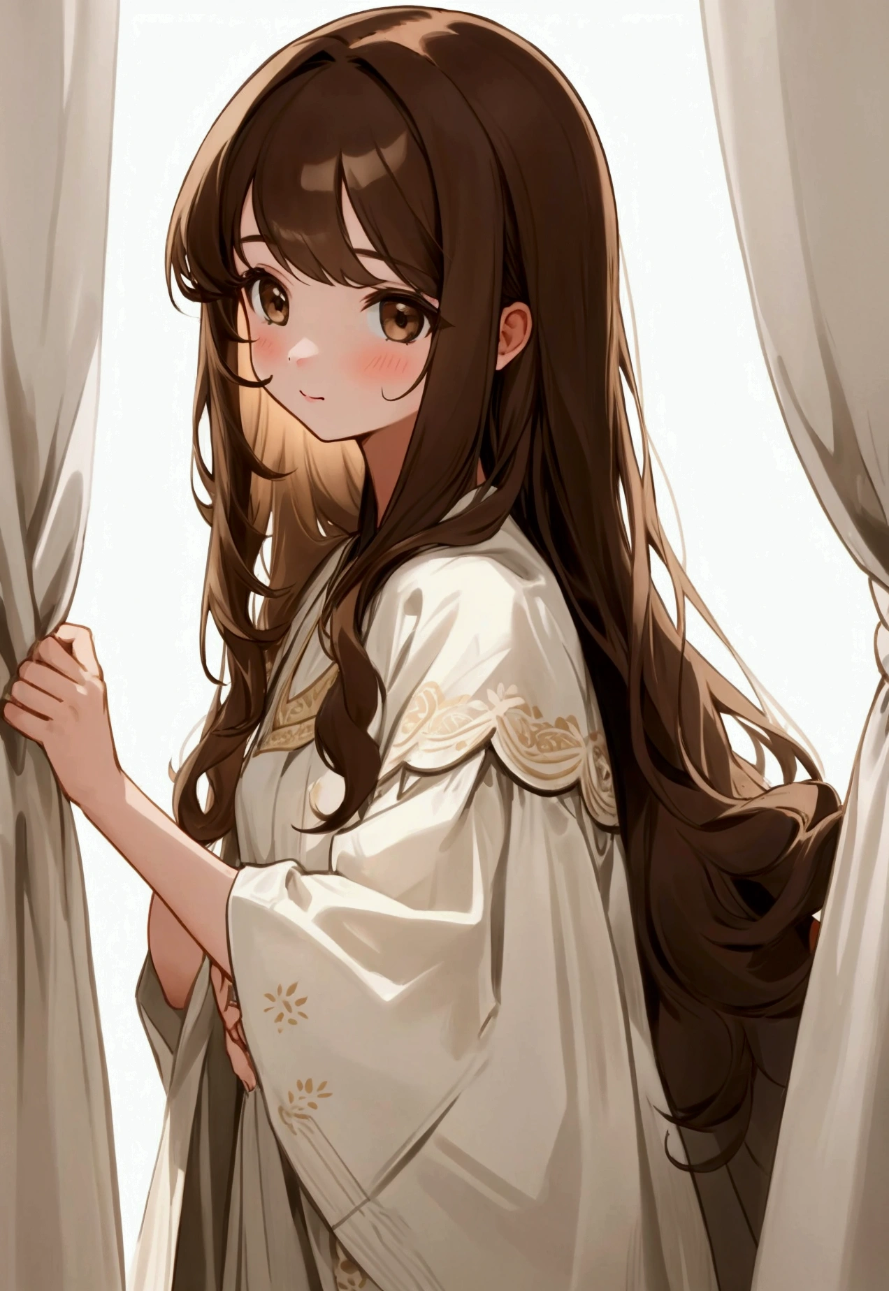 girl, cute, long hair, light brown hair, brown eyes, curtain bangs