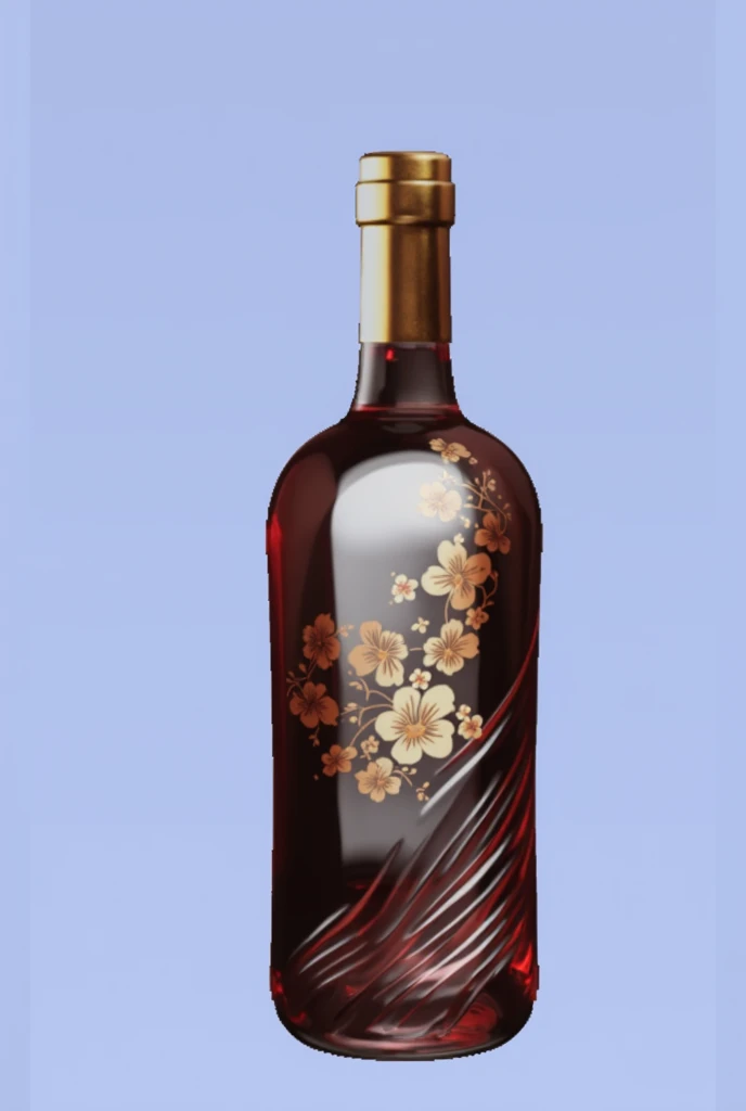 A wine bottle，Chinese Wine Pot，Red glass material，Round bottle，Trendy bottle design，The surface is golden Chinese medicine pattern，There is a streamlined glass design below，There is a golden Chinese medicine pattern，Trendy bottle design，High-end，Gao Yade，Streamlined texture，Metal bottle caps，golden bottle cap，high quality，surreal style