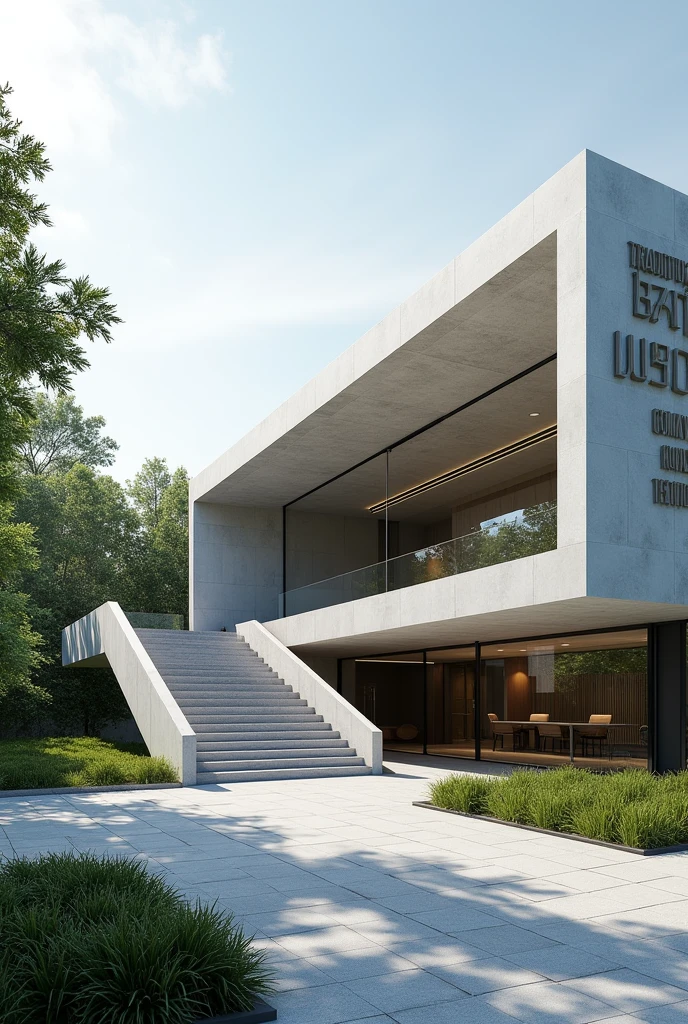 rendering of a modern building with a staircase leading to the entrance, a digital rendering by Pinchus Kremegne, instagramart, conceptual artwork, commercial building, realistic building, render in true, architectural rendering, professional rendering, 3ds max. + true, render true, medical research facility, architectural renderinging, 3ds max. + v ray, 3d render, a sign written in capital letters “TRADITIONAL BARUÂNICA COMMUNITY Sector 3565”.