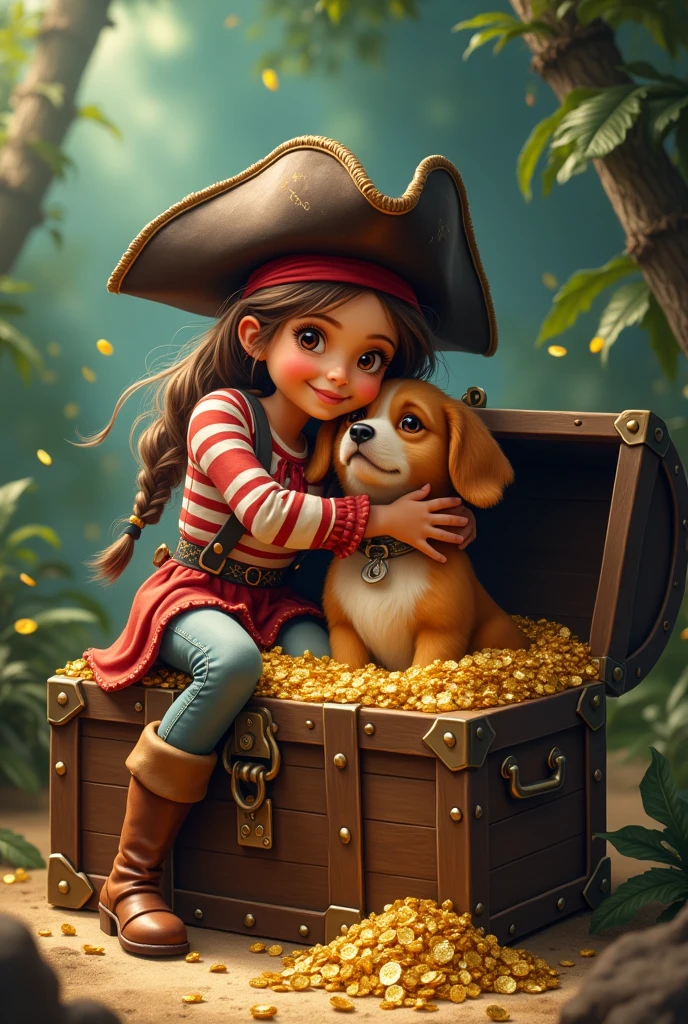 girl dressed as a pirate, dog in a treasure chest and girl hugging dog