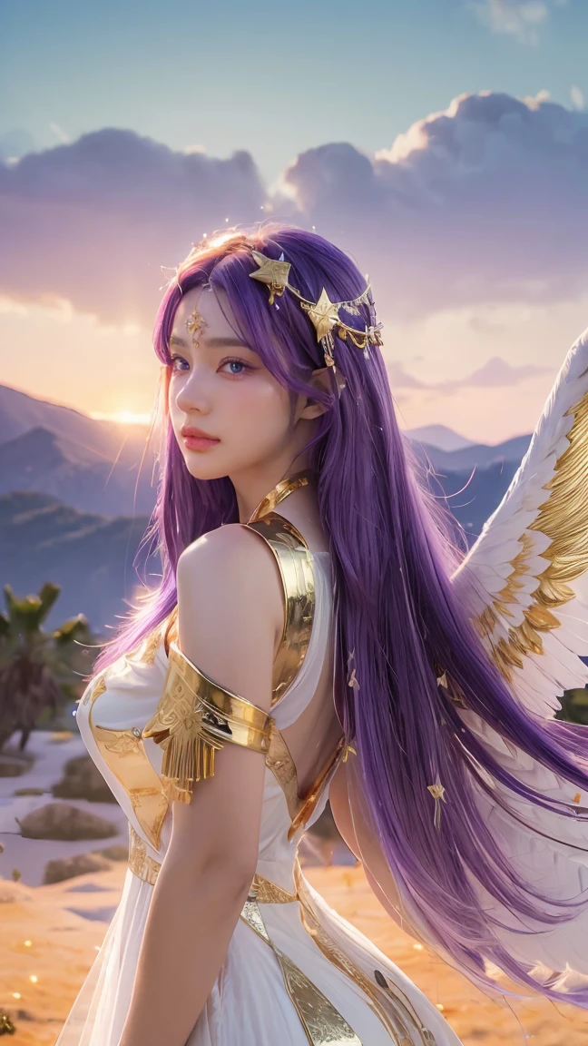 ((Masterpiece, best quality, very detailed), Volumetric light, surrounding occlusion, colorful, glow), 
1 woman, alone, young girl, (purple hair), long hair, radius, Aura, sacred, goddess, Priest uniform, (White dress with gold decorations:1.3), angel wings,
outdoor, sunset, sky, cloud, space, (Fantasy Theme:1.2),