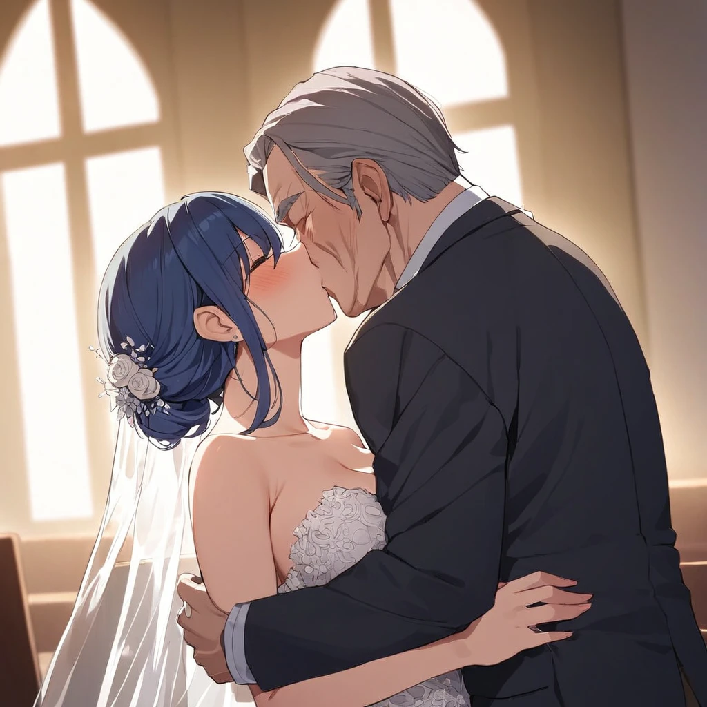 ((Highest quality)), ((masterpiece)), (detailed), (Perfect Face)、The woman is Akane Kurokawa, with blue bob hair, and is wearing a sexy short wedding dress and wedding veil in a church. She and a old man embrace each other, kiss each other, and make love to each other and get married.、Man and woman wearing engagement rings