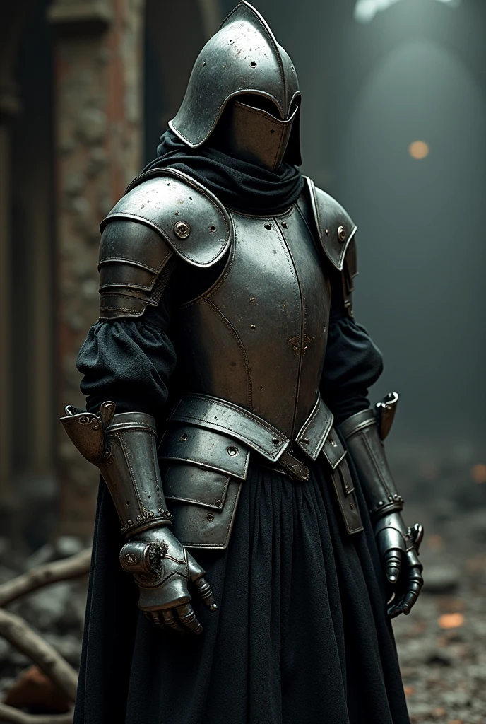 Design an armor called "Useless Defense". The armor must look like a remarkably poor piece of craftsmanship.. The structure is flimsy and appears to have been made of low-quality materials., like a combination of thin metal and torn fabric. The armor plates are misaligned and poorly fitted, with visible seams showing sloppy and messy stitching work. The armor looks fragile, almost like a decorative layer rather than a real piece of protection. Details of the armor include holes and perforated areas that reinforce its ineffectiveness., giving the impression that any blow could pass through it without difficulty. The piece has a rough and sloppy finish, with a design that accentuates its lack of functionality. The overall image should convey a mix of ineffectiveness and uniqueness., Ideal for sparking conversation and reflection on design errors in armor crafting., gothic art, cinematic lighting, depth of field, Reflection light, blending, UHD, masterpiece, super detail, high details, high quality, highres, best quality, accurate