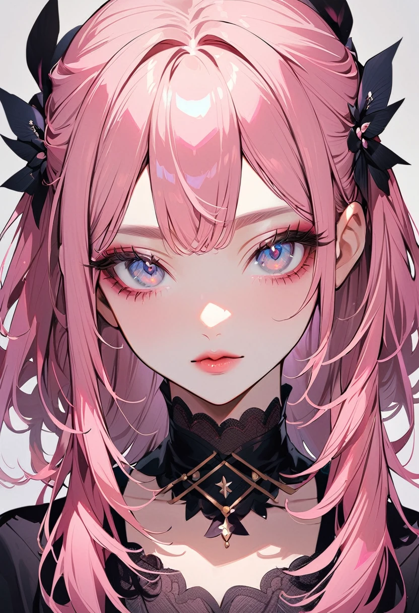 1woman, solo, pink hair, gray eyes, detailed eyes, eyelashes, light lips, 25years old, キス待ち顔