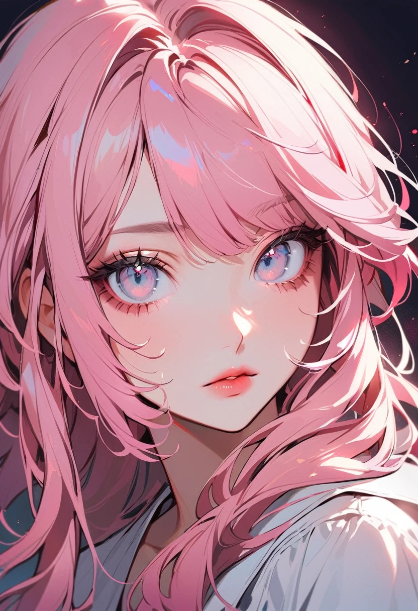 1woman, solo, pink hair, gray eyes, detailed eyes, eyelashes, light lips, 25years old, キス待ち顔