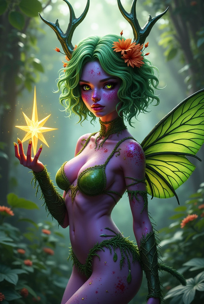 Prismatic coloration. Jungle like environment. A  young Plant woman with a Deep purple skin tone lit up with heavy miniscule starlike freckles & a set of B-cup breasts, bearing curvaceous hips, Slender Legs, & a round but small ass. She has short leaf green curly hair stopping at the top of her neck with various flowers growing within. She is wearing a revealing Grass Bikini like armor exposing much of her chest area & an otherworldly Tiara on her head. She has a serious face & a stern gaze in her sharp Starlike Golden Glowing eyes with black sclera & a heavy freckled form. She has long sharp translucent Crystal like Blood-Red Demonic Antlers radiating Floral energy & a set of elegant Deer ears. She has long Ruby red vine like tattoos running all around her body accompanied by Crimson Star-like Tattoos running along them. She has a small cute nose. She has large Crystal Golden Fairy-like wings with a starlike pattern & puffy wolf like tail .She is seen in a battle stance summoning verdant green Starlight magic from her fingertips