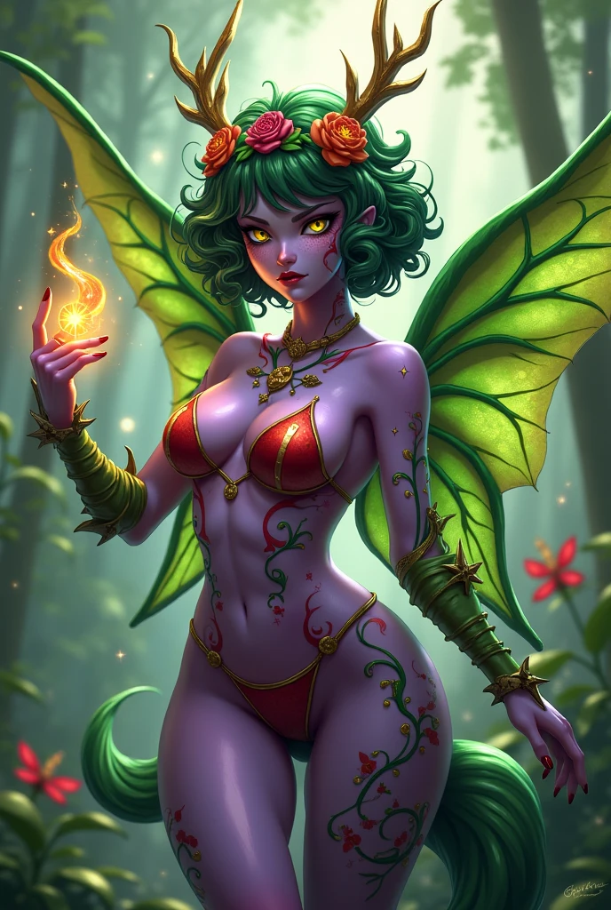 Prismatic coloration. Jungle like environment. A  young Plant woman with a Deep purple skin tone lit up with heavy miniscule starlike freckles & a set of B-cup breasts, bearing curvaceous hips, Slender Legs, & a round but small ass. She has short leaf green curly hair stopping at the top of her neck with various flowers growing within. She is wearing a revealing Grass Bikini like armor exposing much of her chest area & an otherworldly Tiara on her head. She has a serious face & a stern gaze in her sharp Starlike Golden Glowing eyes with black sclera & a heavy freckled form. She has long sharp translucent Crystal like Blood-Red Demonic Antlers radiating Floral energy & a set of elegant Deer ears. She has long Ruby red vine like tattoos running all around her body accompanied by Crimson Star-like Tattoos running along them. She has a small cute nose. She has large Crystal Golden Fairy-like wings with a starlike pattern & puffy wolf like tail .She is seen in a battle stance summoning verdant green Starlight magic from her fingertips