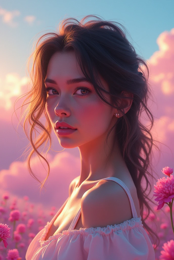 A realistic digital art of a woman from america with a candy color ambient 
