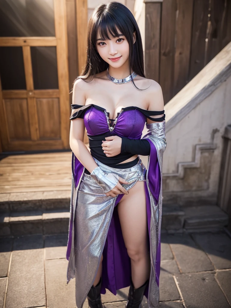 a very beautiful japanese girl, very cute high school girl assassin, detailed photo of innocent 17-years-old virgin,in front of a lord's manor at the main entrance, (off-shoulder silver breastplate:1.2), (purple slit skirt:1.2), (purple arm cover, silver booties), ((full body, standing, show you around her house:1.2)), ((perfect body, shy, innocent smile, open mouth wide:1.2)), greeting, fidgeting hands, firm and elastic skin, lively faces, glowing lips, cute double eyelids and black eyes, cleavage, attractive thighs, glossy straight medium black hair, asymmetrical bangs, hair flutters, dark fantasy,(exquisite masterpiece), photo-realistic, surreal, cinematic lighting, 32K, backlight, (bright light:1.2), (Improvement of quality:1.4), (Highest quality realistic textured skin:1.4),ultra detailed eyes, ultra detailed face, ultra detailed hand,(Enhances the beauty of skin texture:1.1)