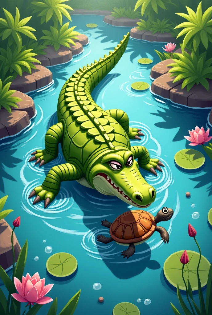 crocodile chased the turtle in pond in 2d cartoon