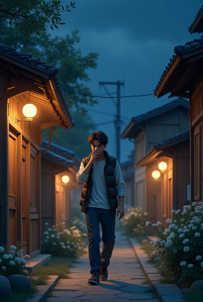 A young man walks in the middle of the village at night, his house is made of wood and lit by dim round light bulbs., aimed at the empty house on the left,covering his nose because he smelled jasmine flowers with his hand