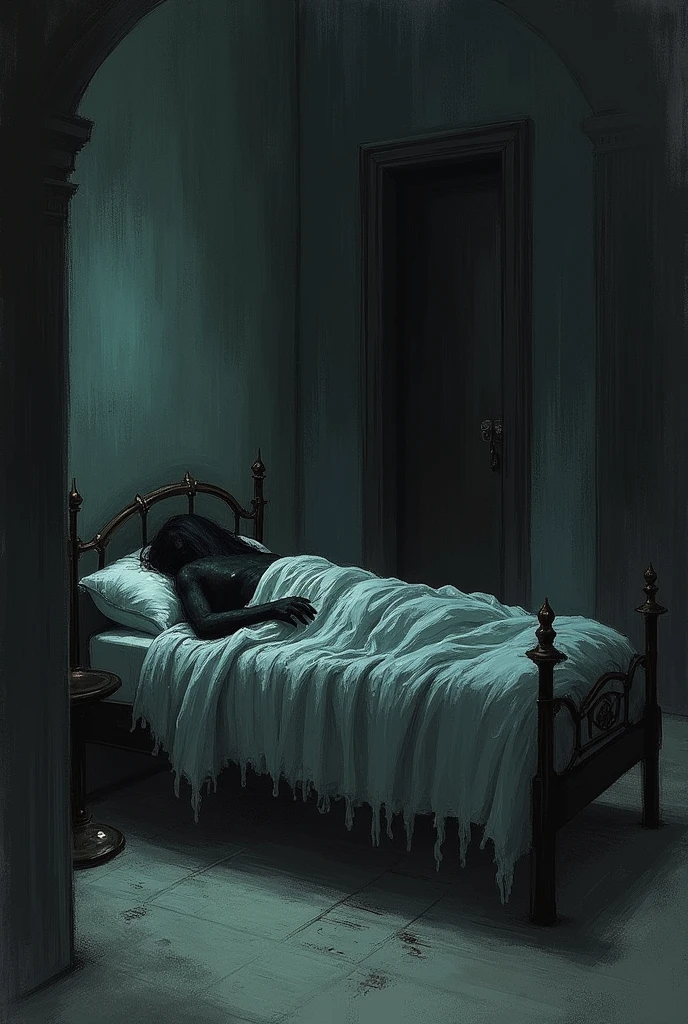 Bed inside a building in the style of a drawing of a mysterious person