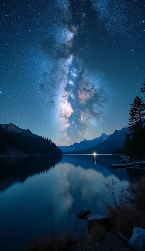 High-resolution photography, National Geographic style, capturing the mesmerizing night scene by the lake, where the sky is adorned with a swirling galaxy of stars, the Milky Way's spiral arms clearly visible, the lake's surface mirroring the celestial dance above, the surrounding landscape bathed in the soft glow of moonlight, trees and distant mountains silhouetted against the luminous sky, the air filled with the serene sounds of the night, the long exposure technique revealing the subtle movements of the stars, creating a sense of dynamic motion in the sky, the interplay of light and shadow enhancing the depth and detail of the environment, the juxtaposition of the calm lake and the vast, swirling galaxy evoking a profound sense of awe and connection to the cosmos, masterpiece, best quality, documentary style, atmospheric lighting, depth of field, detailed environment.