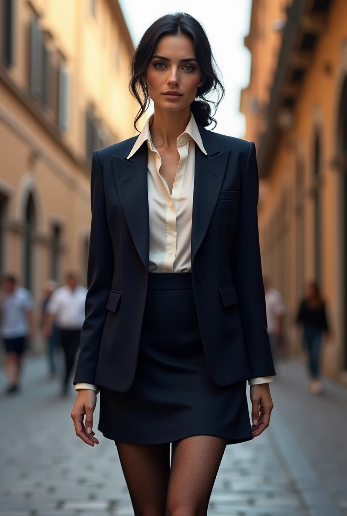 Monica Bellucci wearing a navy skirt suit, white silk blouse, and black pantyhose, she is walking in Rome, photo realistic