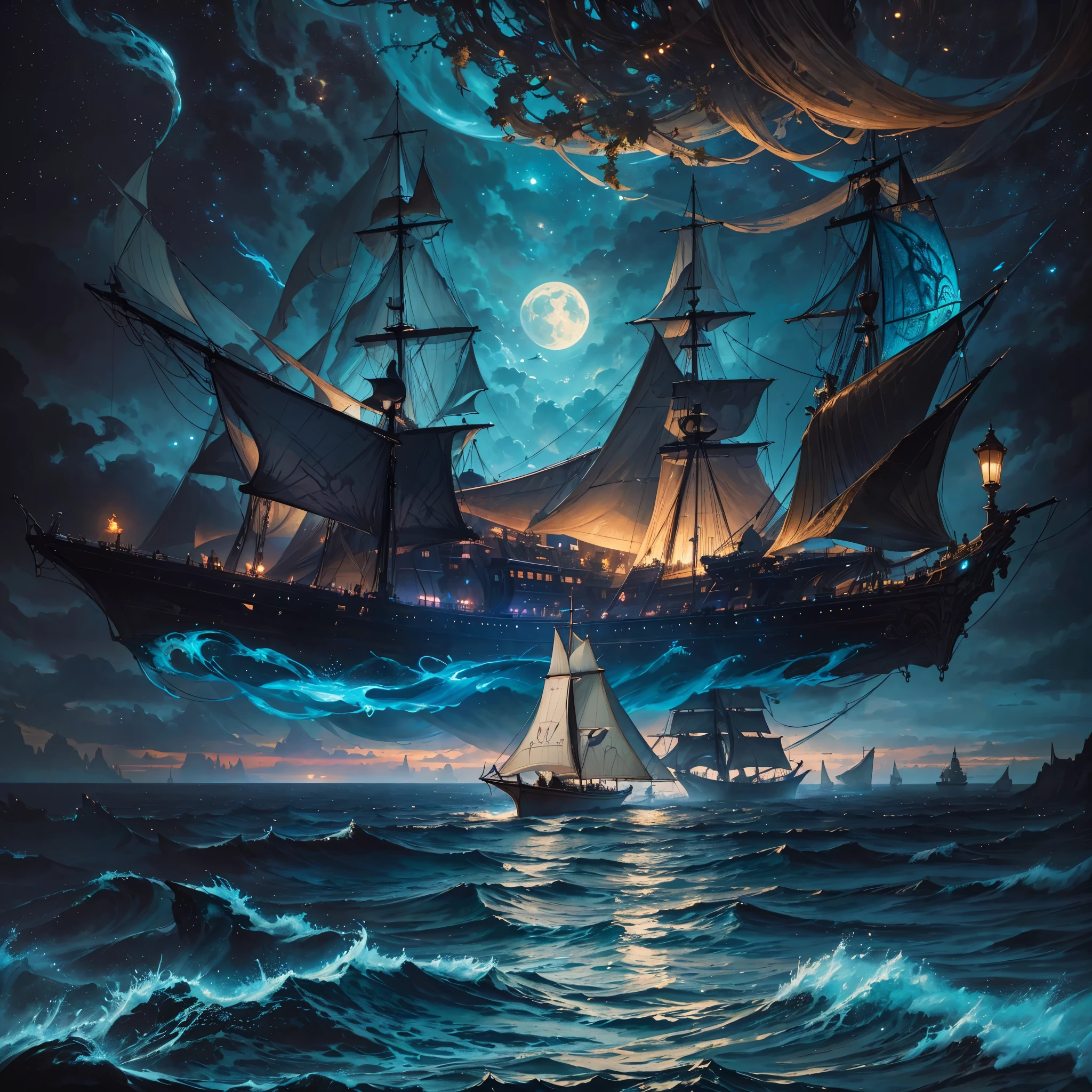 a painting of a ship sailing in the ocean at night, concept art inspired by gaston bussiere, Artstation contest winner, fantasy art, detailed cover artwork, peter mohrbacher and dan mumford, highly detailed cover art, detailed fantasy digital art, anton fadeev and dan mumford, dan mumford and peter mohrbacher, detailed digital 2d fantasy art
