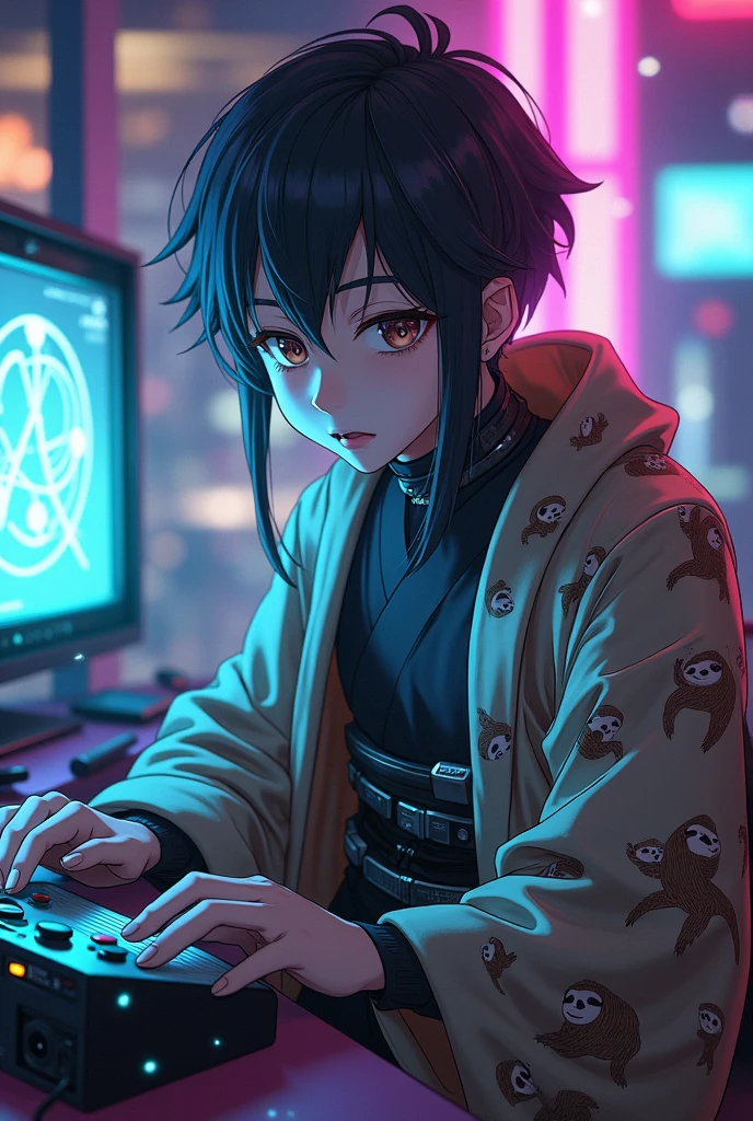 Male Anime Character with cyberpunk outfit and kimono of sloth playing video games