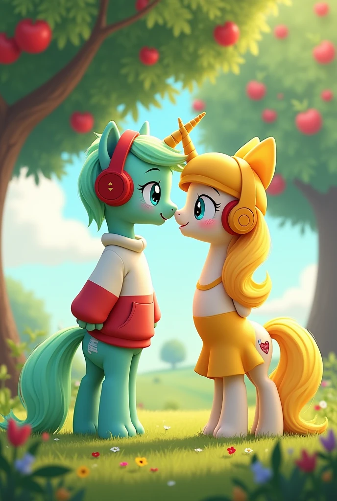 Male Alicorn Pony with mint green fur with white freckles and blue eyes; white sweatshirt with red sleeves,red gamer headphones; music note cutemark. Winged a female alicorn pony with yellow hair and a yellow tail,White fur,big yellow bow on the nape of the neck,yellow helmets,light blue eyes, dress with short yellow skirt. The two lovers looking at each other flirtatiously giving each other a kiss in a field in front of an apple tree. My Little Pony style 2D image 