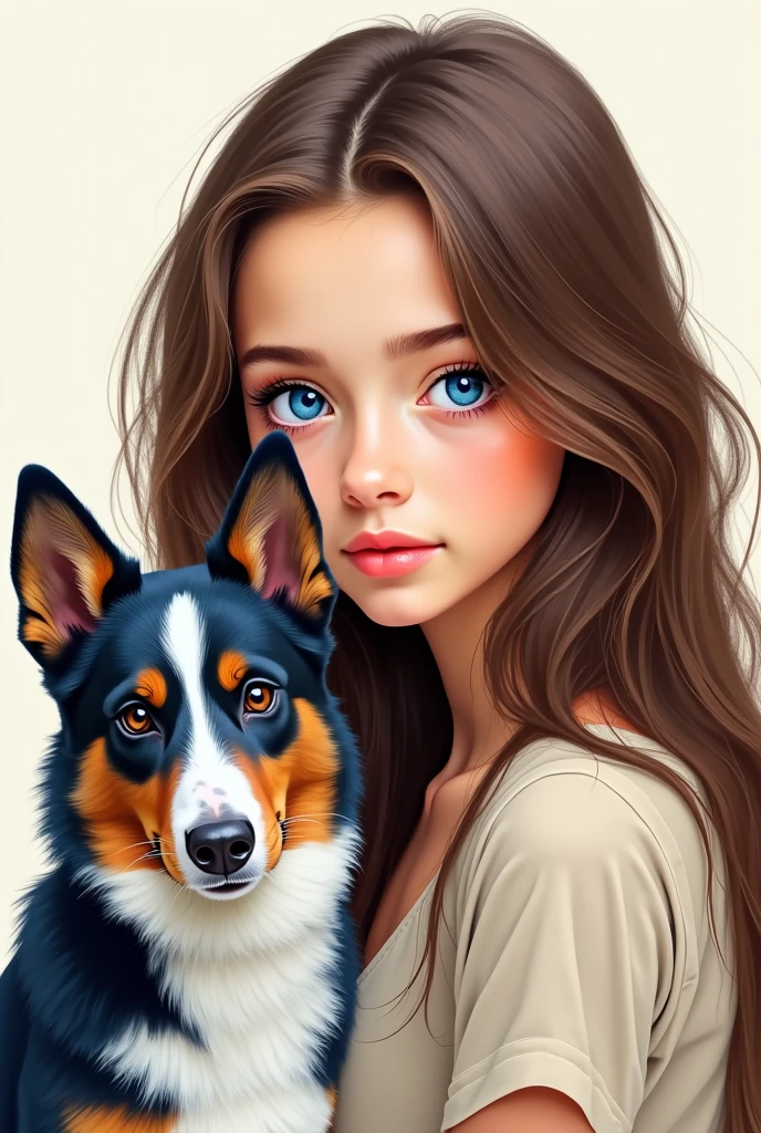 Drawing format blue eyes brown hair with blue heeler dog